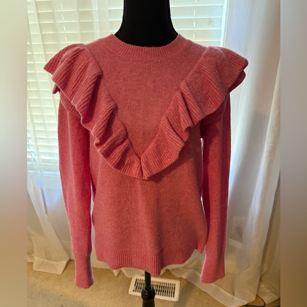 LOFT Pink Ruffled Crew Neck Sweater